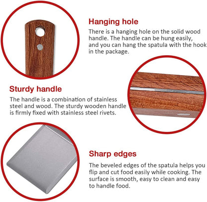 Stainless Steel Griddle Hamburger Spatula with Strong Wooden Handle, 13.5 X 5 Inches, Heavy Duty Spatula Turner with a Hook, Great for Pancake Flipper, Fish, Eggs, Burgers, Omelet and More