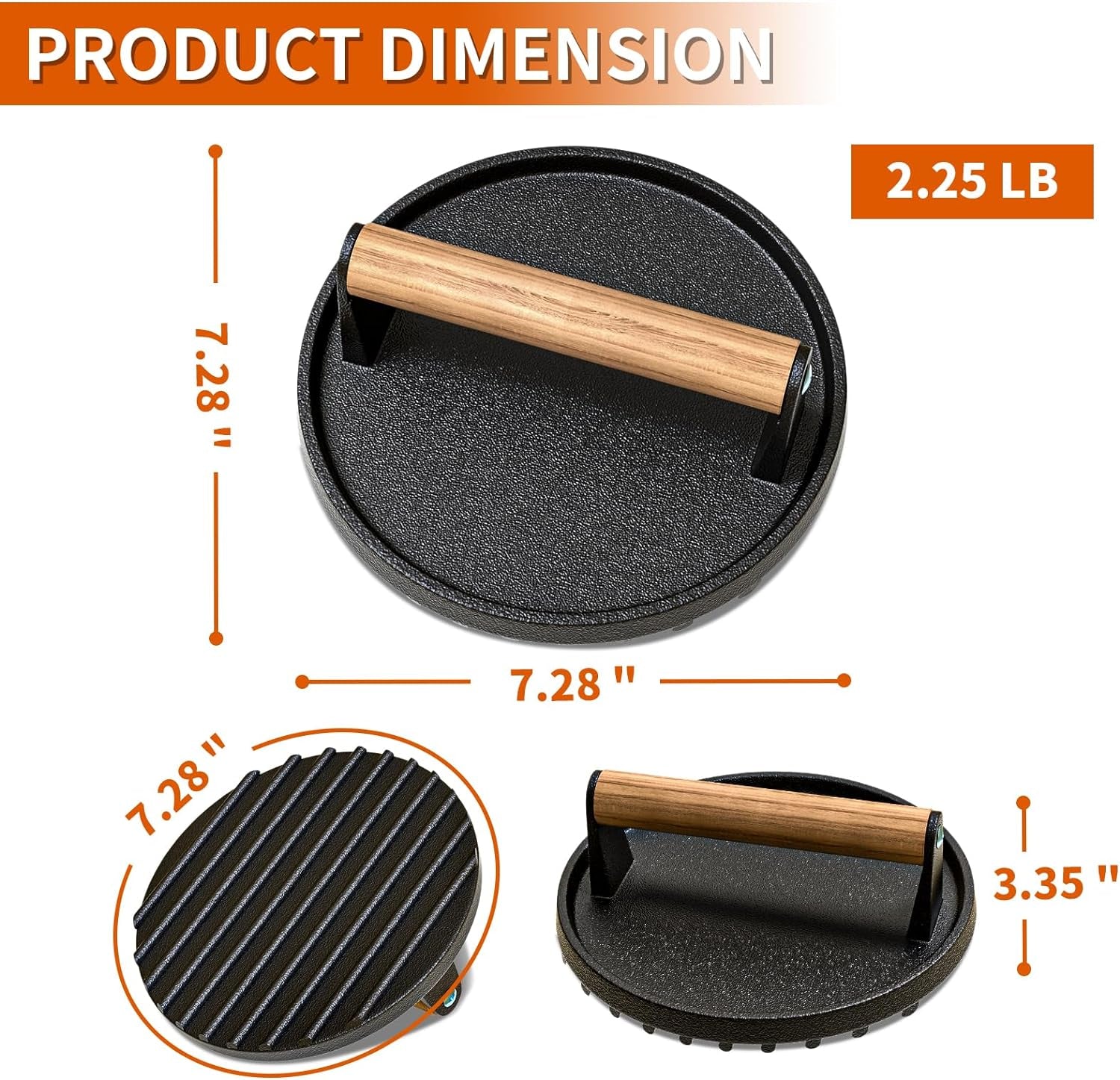 AIKKIL Burger Press, 7.08" round Heavy-Duty Cast Iron Smash Burger Press Meat Steak with Wood Handle for Blackstone, Blackstone Griddle Accessories for Sandwiches, Paninis(Round)