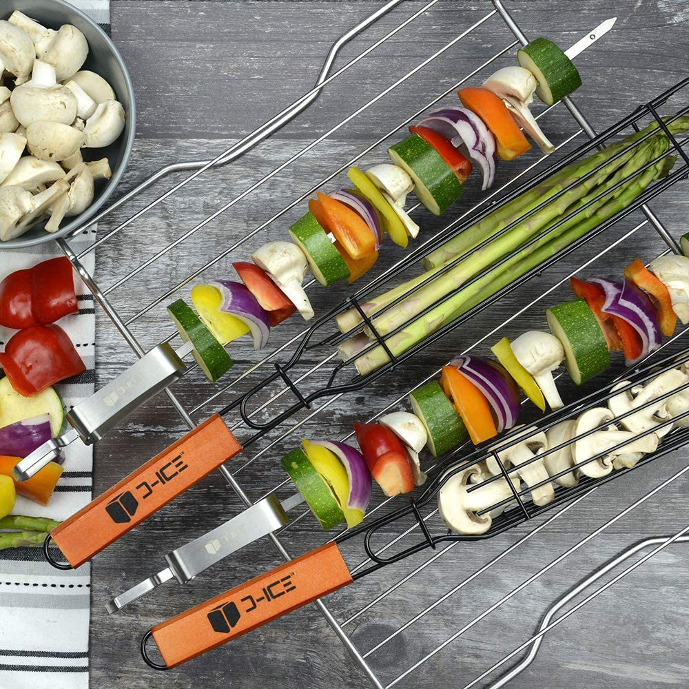 Kebab Grilling Basket & Grilling Skewers Stainless Steel - Kabob Grilling Baskets Set of 4 & 2 Metal BBQ Skewers. Kabob Basket for Veggies, Jumbo Shrimps - Grilling Baskets & Barbecue Skewers