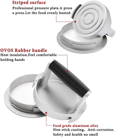 Image of OVOS Burger Press Adjustable Thickness 3 in 1 Hamburger Patty Maker Aluminum Non Stick Patty Making Mold with 100 Wax Papers for Burgers and Meat Patties