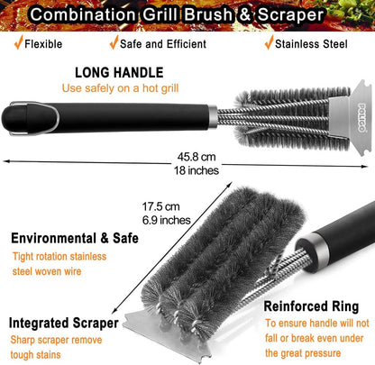 Safe Grill Brush and Scraper with Deluxe Handle - 18" Grill Cleaner Brush Stainless Steel Bristle Grill Brush for Outdoor Grill Wizard Grate - BBQ Brush for Grill Cleaning Ideal Grilling Gifts