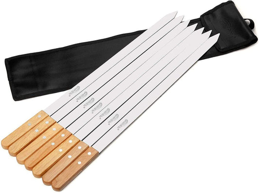 Goutime Kabob Skewers,23 Inch Long,1 Inch Wide, Metal Stainless Steel BBQ Skewer with Wooden Handle for Grilling Koubideh Persian Brazilian Chicken Shish Kebab,Set of 7 with Bag