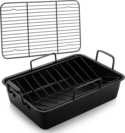 Large Roasting Pan with Rack Set of 3, P&P CHEF 15¼" Turkey Roaster Pan & V-Shape Baking Rack & Cooling Rack for Chicken Rib Lasagna Cookie, Nonstick Coating & Stainless Steel Core, Sturdy & Healthy