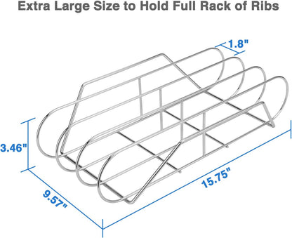 Extra Long Stainless Steel Rib Rack for Smoking and Grilling, Holds up to 3 Full Racks of Ribs, Fits 18” or Larger Gas Smoker or Charcoal Grill, Perfect Smoker Accessories Gifts for Men