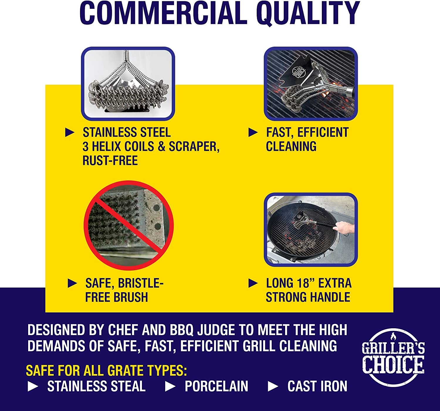Commercial Grill Brush - 2 Headed Double Helix Coils, Bristle Free, 18" Long Handle, 3 in 1 Professional Barbecue Cleaner, Stainless Steel, All Grill Types.