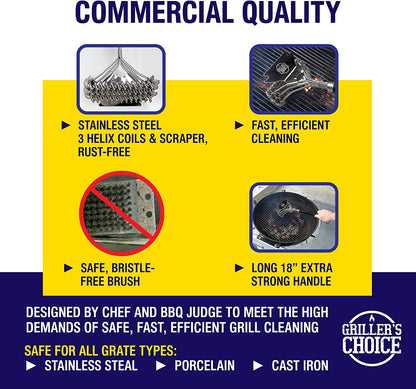 Commercial Grill Brush - 2 Headed Double Helix Coils, Bristle Free, 18" Long Handle, 3 in 1 Professional Barbecue Cleaner, Stainless Steel, All Grill Types.