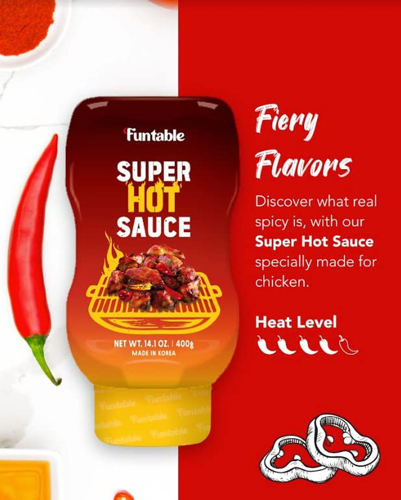 Funtable Super Hot Sauce (14.1Oz, Pack of 1) - Authentic Korean Flavor, Spicy & Tangy Sauce, Low-Calorie. Ideal for Fried Chicken, Nuggets, Dipping & More.
