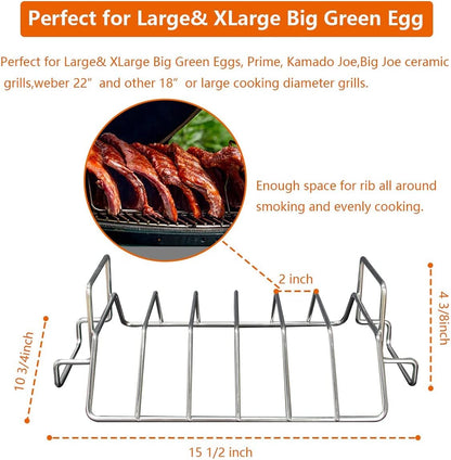 Rib Racks for Big Green Egg, Smoking and Grilling Rib Rack, Big Green Egg Accessories, Turkey Roast Rack Dual-Purpose for Large and Xlarge Big Green Egg,18" or Bigger Kamado Grill,100% Stainless Steel