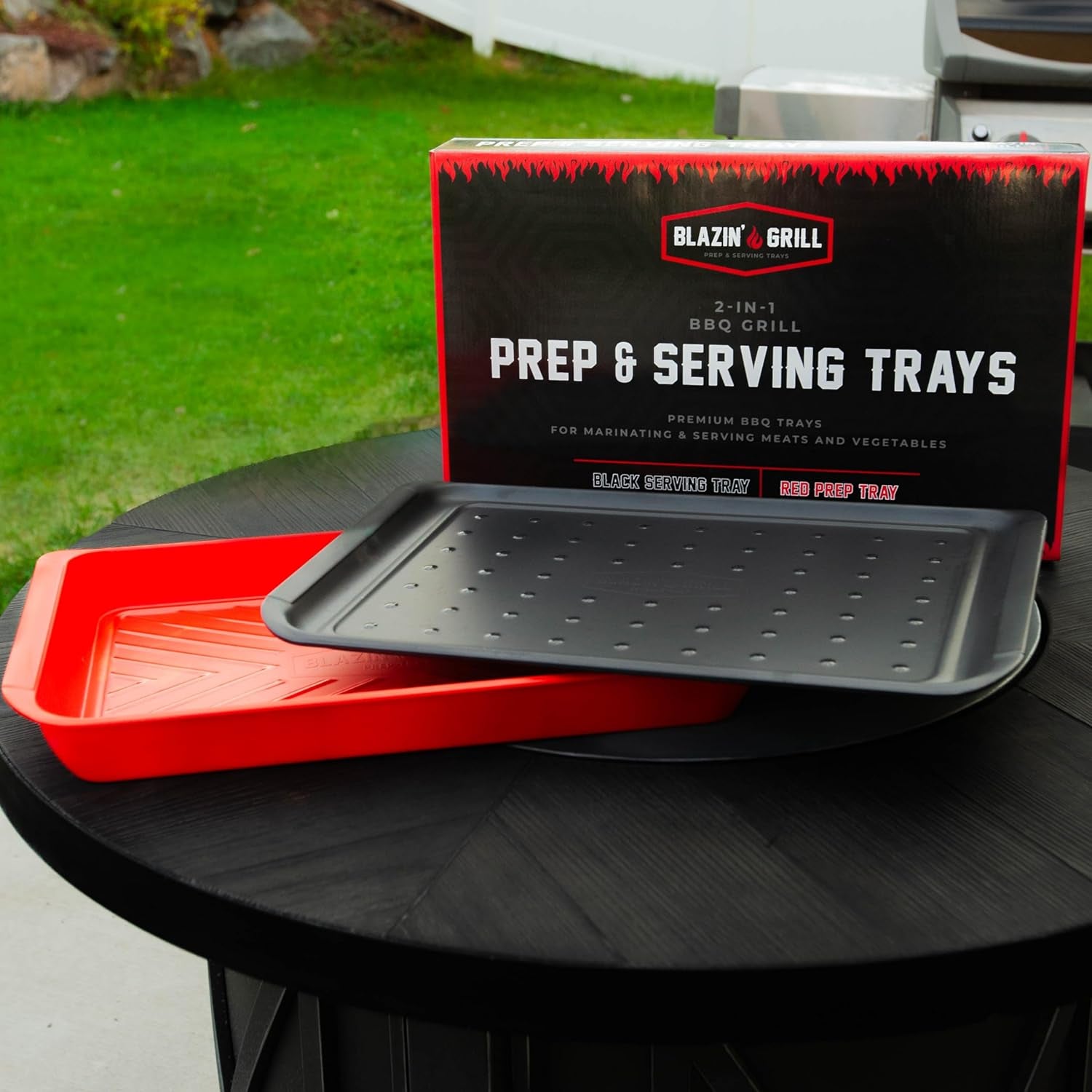 Prep & Serving Trays | Set of 2 | Stackable Serving Tray & Marinating Tray | Serving Platter for Plating Food & BBQ Prep Tub for Marinating Meats | Grill Accessories for Outdoor Grill |