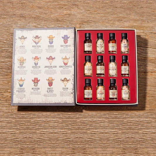 Thoughtfully Gourmet, Wild Western-Themed BBQ Sauce and Rubs Book Gift Set, Includes Honey BBQ, Montreal BBQ Rub & More, Great Gift for Men, Set of 12