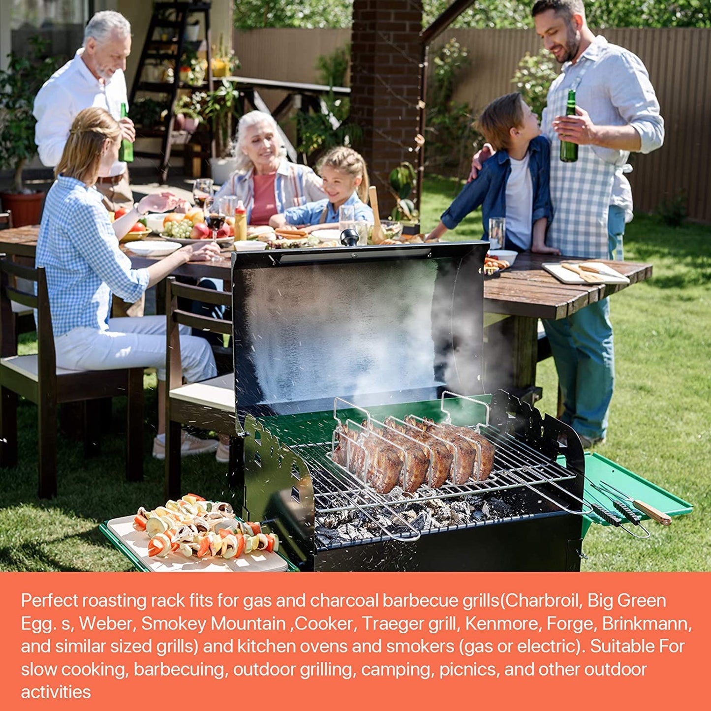 Durable Stainless Steel Rib Rack with a Silicone Oil Brush, BBQ Stand with 2 Handle for Smoker,Oven and Grill, Cook up to 5 Ribs at a Time