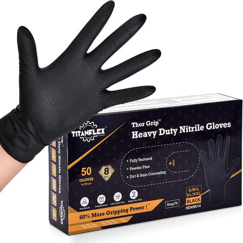 Image of Thor Grip Heavy Duty Black Industrial Nitrile Gloves with Raised Diamond Texture, 8-Mil, Latex Free, 50-Ct Box