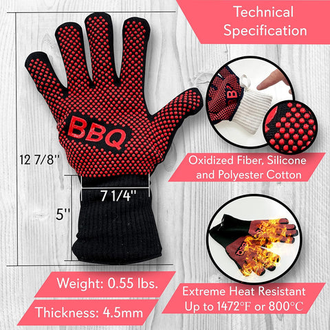 Image of BBQ Gloves - 1472°F Heat Resistant, Fireproof Mitts with Non-Slip Silicone Grip, Perfect for Barbecue, Grilling, Cooking, Baking & Camping, 14-Inch, Food Grade, Washable Kitchen Oven Mitts