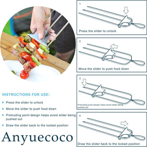 Anyuecoco Skewers for Kabobs,14 Inch 3-Prong Kabob Skewers for Grilling,Stainless Steel Skewer,With Push Bar Reusable Metal Skewer,Kabob Sticks,Perfect for Meat,Chicken,Sausages,Veggies,Shrimp (2 Pcs)