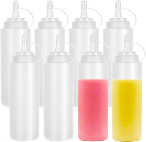 Image of 8 Pcs 16Oz Plastic Condiment Squeeze Bottles,Plastic Squeeze Squirt Bottle with Twist on Cap Lids and Discrete Measurements for Sauce,Ketchup,Condiments,Grilling,Syrup and More