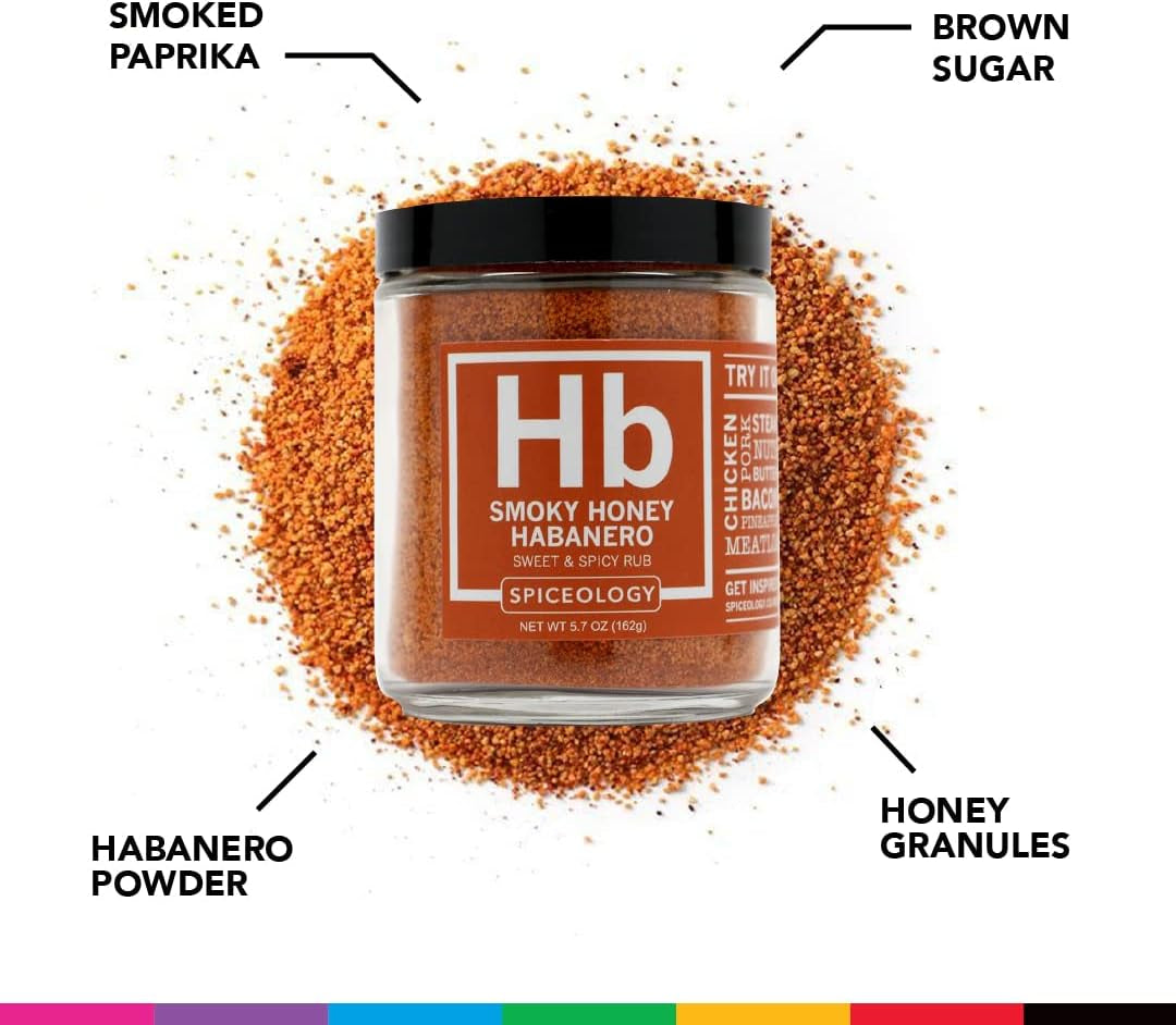Spiceology - Smoky Honey Habanero - Sweet & Spicy BBQ Rub - Barbeque Rubs, Spice Blends and Seasonings for Smoking or Grilling - Use On: Chicken, Wings, Pork, Steak, Nuts, Butter, Bacon, or Burgers - 5.7 Oz