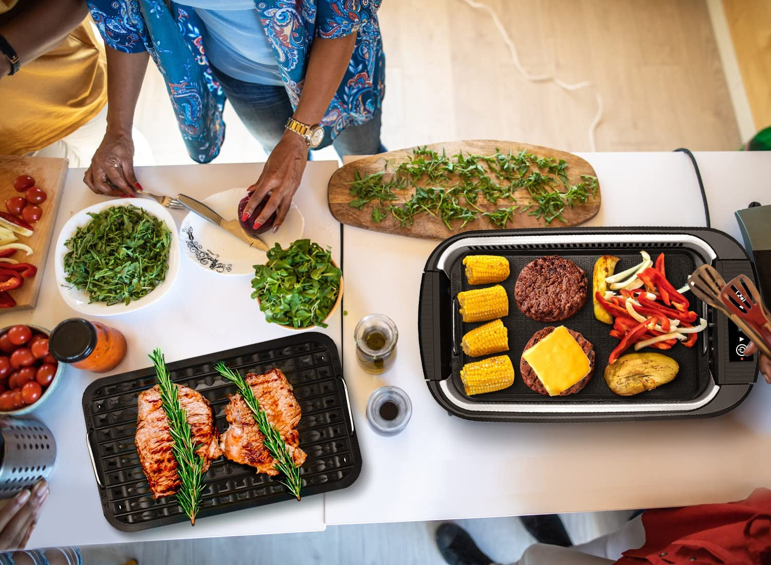 Indoor Grill,  Smokeless Grill Indoor, 1500W Electric Grill Griddle Korean BBQ Grill with LED Smart Display & Tempered Glass Lid, Non-Stick Removable Grill Plate & Griddle Plate, Black