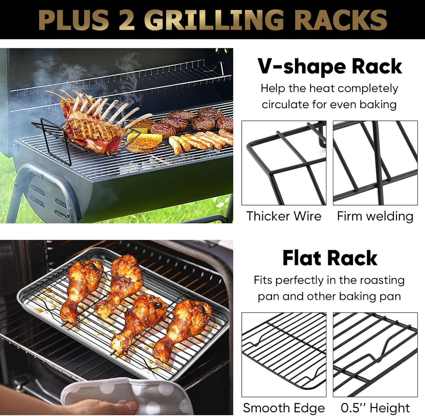 14-In Nonstick Turkey Roasting Pan with Rack Set, Joyfair Chicken Roaster Pan with Flat Rack & Removable V-Rack, Heavy Duty Rectangular Oven Bakeware with Non-Toxic Coating, Easy Releasing & Cleaning