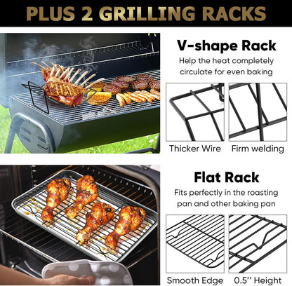 14-In Nonstick Turkey Roasting Pan with Rack Set, Joyfair Chicken Roaster Pan with Flat Rack & Removable V-Rack, Heavy Duty Rectangular Oven Bakeware with Non-Toxic Coating, Easy Releasing & Cleaning