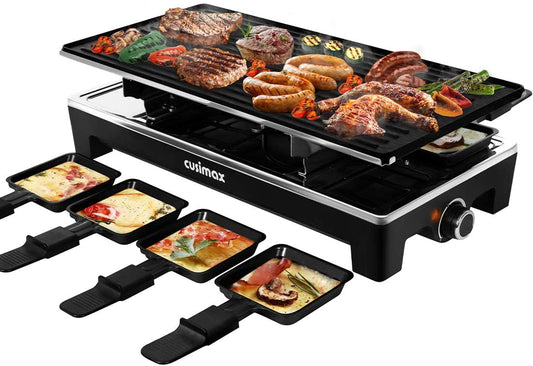 Raclette Grill Electric Grill Table Portable 2 in 1 Korean BBQ Grill Indoor & Cheese Raclette, Reversible Non-Stick Plate, Crepe Maker with Adjustable Temperature Control and 8 Paddles
