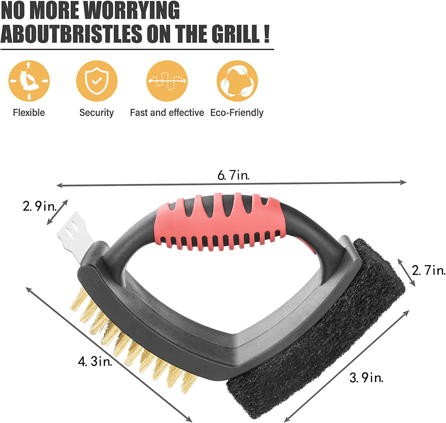 Grill Brush for Outdoor Grill, Brass Grill Cleaning Brush BBQ Cleaning Brush for Outdoor Grill, Multifunctional with Brass Bristle Scouring Pad and Scraper Grill Cleaner Brush and Scraper