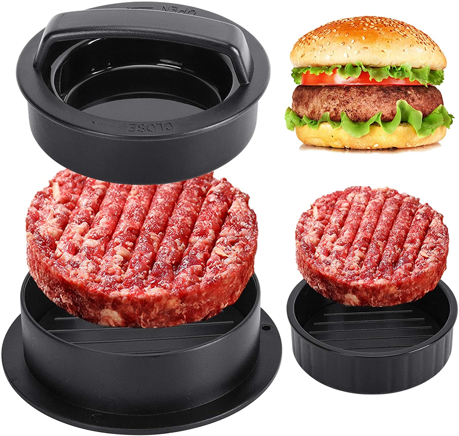 Hamburger Press Patty Maker, Burger Press, 3 in 1 Non-Stick Meat Beef Veggie Hamburger Mold, Kitchen Gadgets to Make Patty for Stuffed Slider BBQ Barbecue Grilling