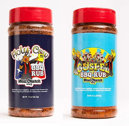 Meat Church BBQ Rub Combo: Holy Cow (12 Oz) and Holy Gospel (14 Oz) BBQ Rub and Seasoning for Meat and Vegetables, Gluten Free, One Bottle of Each