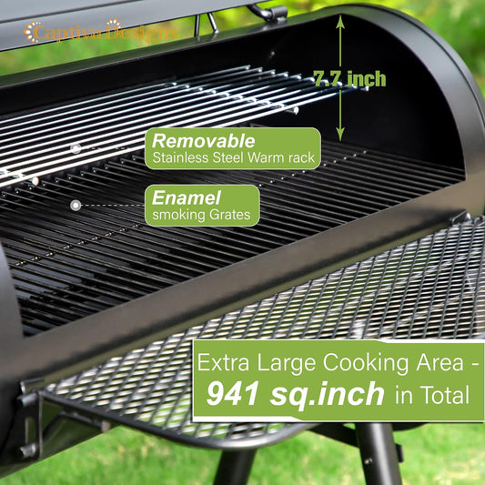 Captiva Designs Heavy Duty Outdoor Smoker,Extra Large Cooking Area(941 Sq.In. in Total) Offset Smoker, Best Charcoal Smoker and Grill Combo for Outdoor Garden Patio and Backyard Cooking
