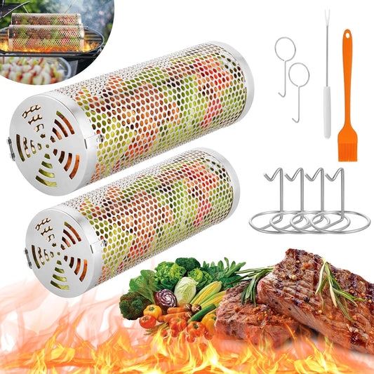 Reclite Rolling Grilling Baskets for Outdoor Grilling BBQ Grill Basket Stainless Steel, Grill Basket for Veggies Fish, Shrimp, Meat, Fries Food Camping, Gift for Men(Small+Large)