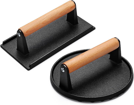 AIVIKI Burger Press, Smash Burger Press for Blackstone Griddle, Heavy Duty Cast Iron round 6.9In & Rectangular 8.2X4.2In Bacon Grill Press with Wood Handle, Meat Steak Weight for Sandwich, Paninis