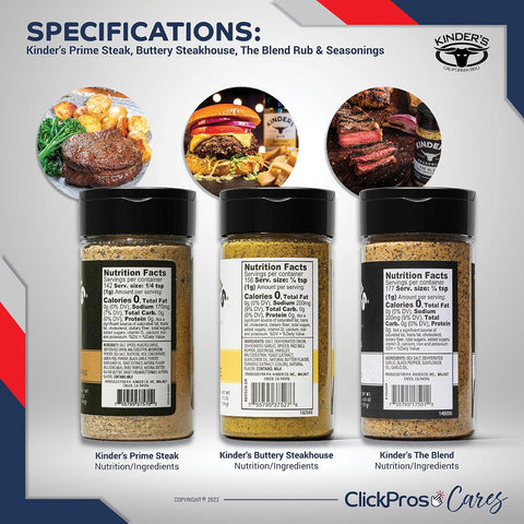 Image of Kinders BBQ Rub Seasoning 3 PK Bundle (16.7 Oz) Prime Steak with Black Garlic & Truffle, Kinder'S Buttery Steakhouse, Kinder'S the Blend Seasoning with Salt, Pepper & Garlic + Guide & Opener 5 Items!