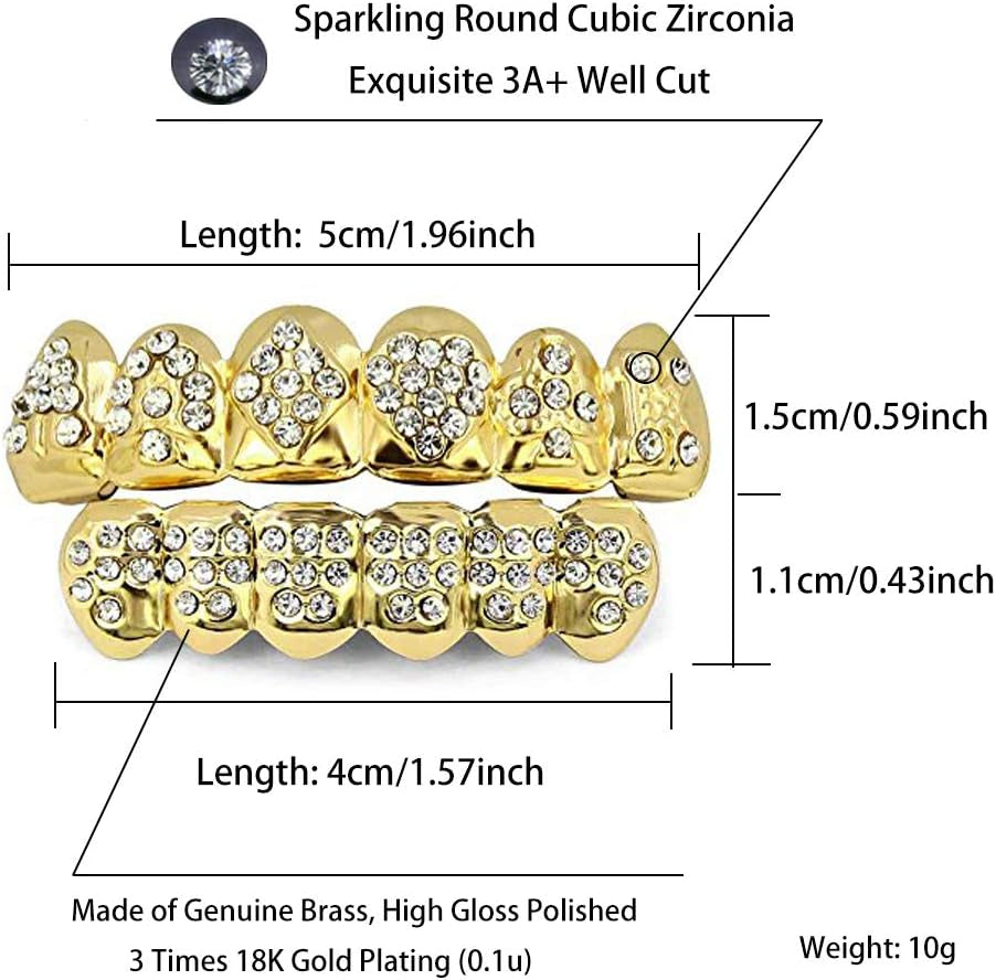 Grills for Your Teeth Gold Grillz Poker Heart Teeth Diamond Grillz for Men Women 18K Plated Iced Out Hip Hop Top & Bottom Face Grills for Teeth Rapper Costume Cosplay