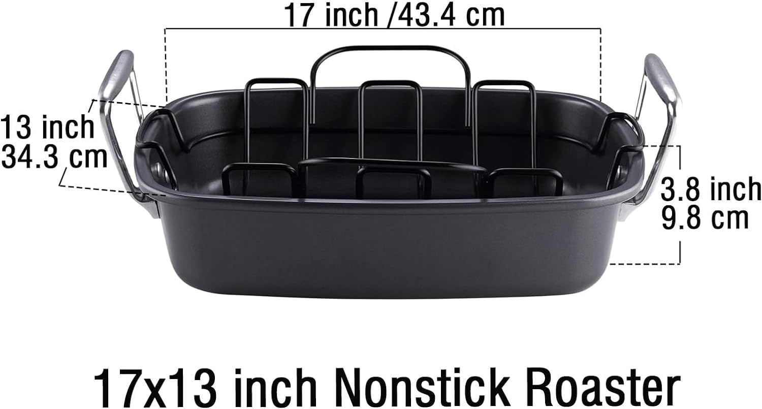 Cook N Home Nonstick Roasting Pan Bakeware Roaster with Rack, 17X13-Inches, Black