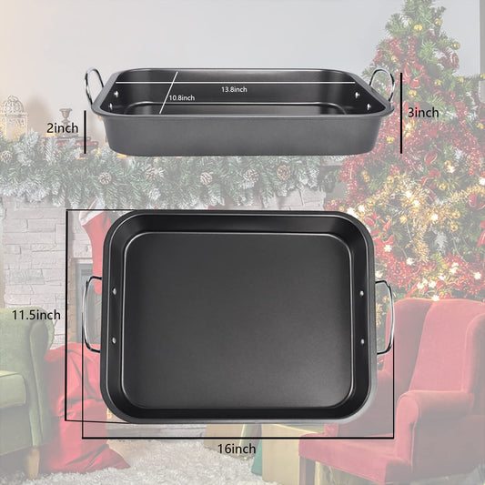 Kitcom Nonstick Roasting Pan with Rack, 16 Inch X 11.5 Inch Rectangular Roaster Set for Roasting Turkey, Chicken, Meat and Veggies, Gray