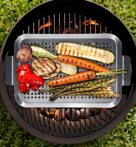 Image of COOK TIME Grill Pan Set of 2, BBQ Grill Topper for Outdoor Grill, Stainless Steel Grilling Baskets with Holes and Handles, Perforated Food Tray Barbecue Accessories for Vegetable, Fish, Meat, Seafood