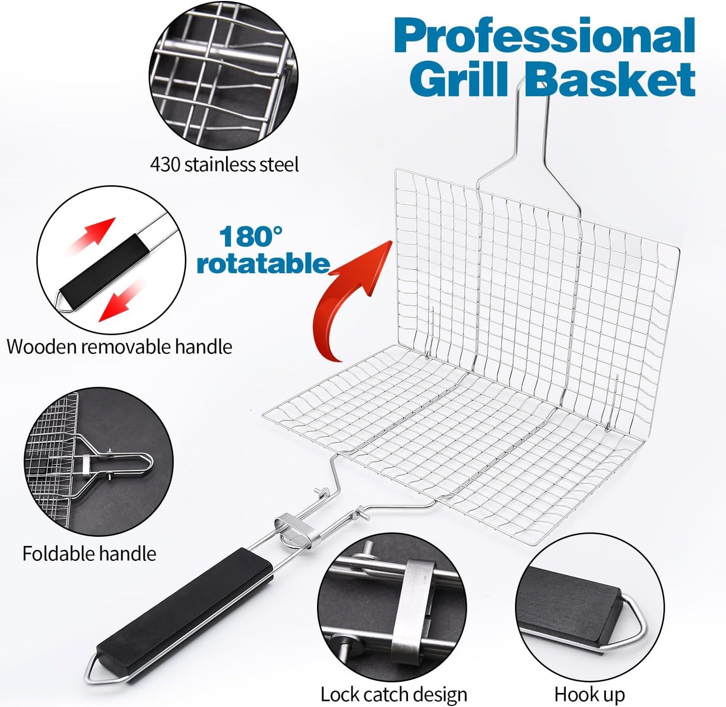 Grill Basket, Large Folding Grilling Basket with Grill Cleaning Brush, Stainless Steel Grill Basket, for Chicken, Meat, Steak, Chops(1Pcs Large Grill Basket + 1Pcs Brush)