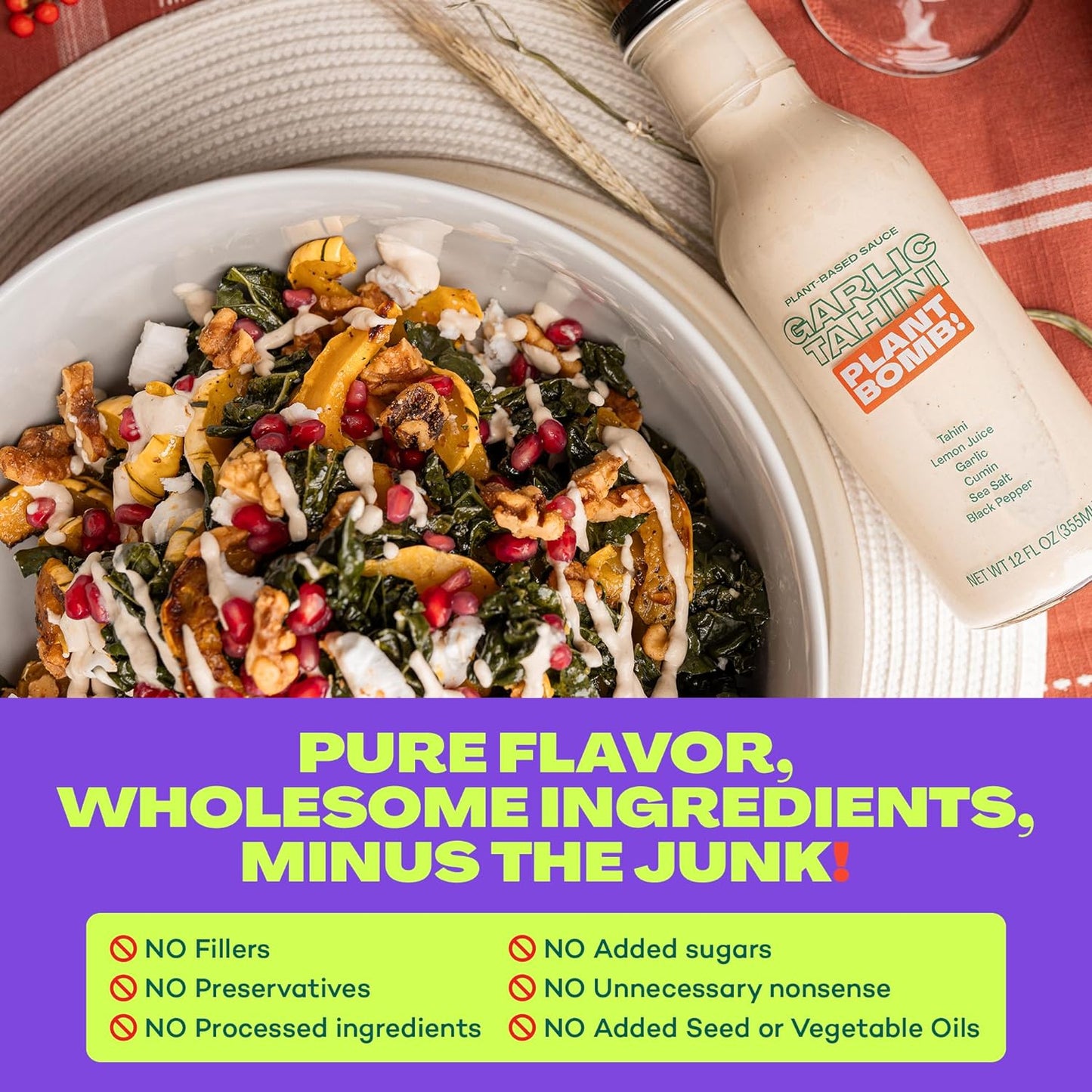 Plant Bomb Garlic Tahini Plant-Based Sauce, Marinade & Dressing - Gluten-Free, Non-Gmo, Dairy-Free, No Sugar Added - Vegan, Paleo, Low Carb, Keto Friendly - 12 Ounce (Pack of 2)
