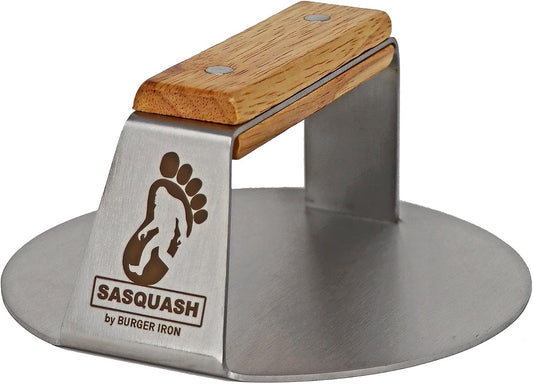 The Sasquash Indestructible Burger Smasher - Professional Grade Wide Flat Handle Smashed Burger Press - Heavy Duty One-Piece Welded Stainless Steel BBQ Griddle and Grill Tool