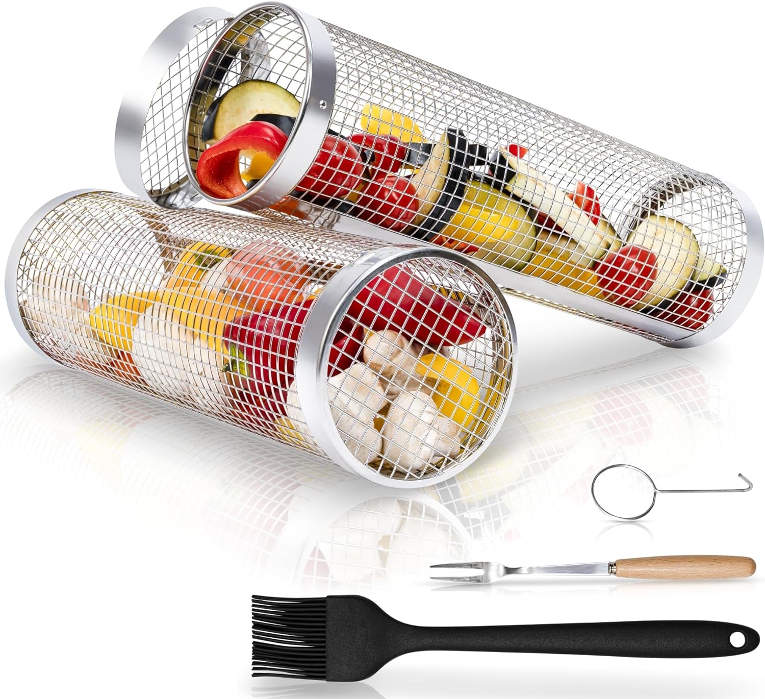 Rolling Grill Basket Set - Two BBQ Grilling Baskets, One Oil Brush, Fork and Hook. BBQ Grilling Accessories Set - Perfect Grill Accessories for Outdoor Grill or Campfire Grill Grate, Grill Pan Grill Tools Grilling Gifts