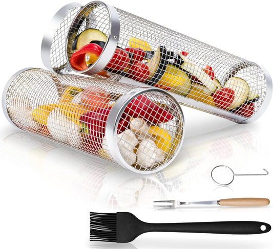 Rolling Grill Basket Set - Two BBQ Grilling Baskets, One Oil Brush, Fork and Hook. BBQ Grilling Accessories Set - Perfect Grill Accessories for Outdoor Grill or Campfire Grill Grate, Grill Pan Grill Tools Grilling Gifts