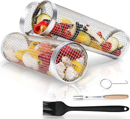 Rolling Grill Basket Set - Two BBQ Grilling Baskets, One Oil Brush, Fork and Hook. BBQ Grilling Accessories Set - Perfect Grill Accessories for Outdoor Grill or Campfire Grill Grate, Grill Pan Grill Tools Grilling Gifts