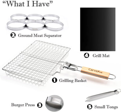 Grill Basket Stainless Steel BBQ Grilling Basket with Burger Press Set.Grill Basket for Fish,Vegetables BBQ Camping Accessories Outdoor Grilling Gifts for Men Dad Folding Grill Basket with Removable Handle