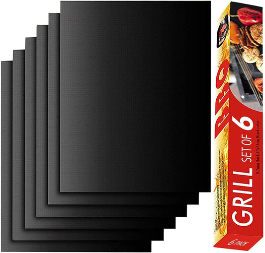 Grill Mat Set of 6 - 100% Non-Stick BBQ Grill Mats, Heavy Duty, Reusable, and Easy to Clean - Works on Electric Grill Gas Charcoal BBQ - 15.75 X 13-Inch, Black