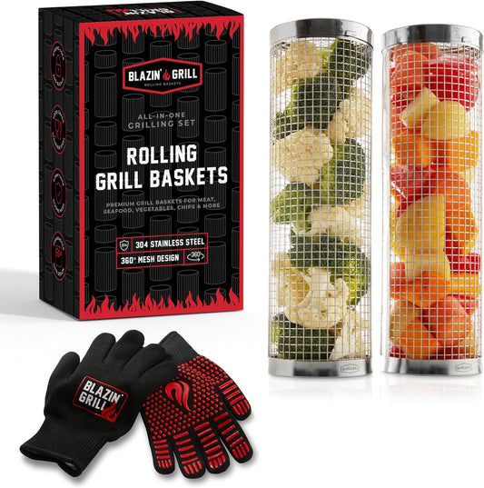 BLAZIN' GRILL Rolling Grill Basket | 2 Rolling Grilling Baskets for Outdoor Grilling | ALL-IN-ONE Barbecue Grill Set with BBQ Gloves | Perfect Grill Basket for Veggies, Seafood, Chips & Meats | 304 Stainless Steel & 0.8Mm Strong Mesh |