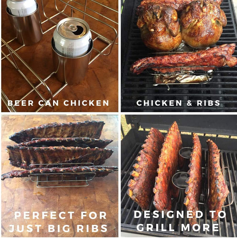 Cataumet BBQ Rib Rack and Beer Can Chicken Holder Smoking Rack Fits Big Egg Style Grills Ovens and Smokers Made with Genuine 304 Stainless Steel