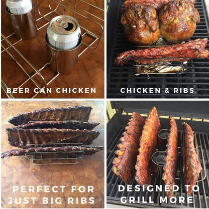 Cataumet BBQ Rib Rack and Beer Can Chicken Holder Smoking Rack Fits Big Egg Style Grills Ovens and Smokers Made with Genuine 304 Stainless Steel