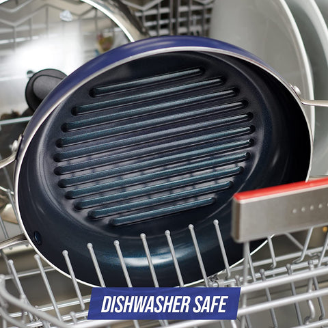 Image of Cookware Diamond Infused Ceramic Nonstick 11" Grill Genie Pan with Lid Pfas-Free Dishwasher Safe Oven Safe Blue