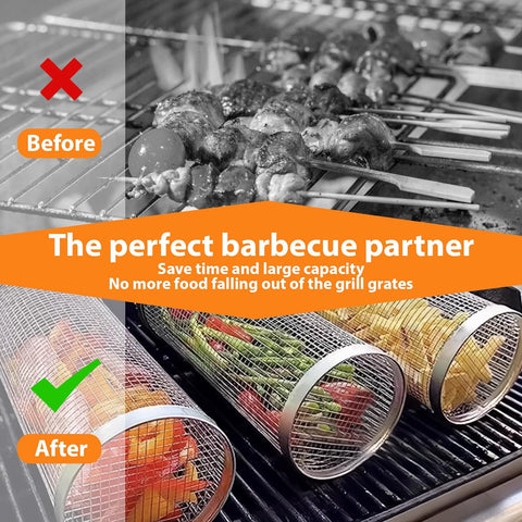 Image of Rolling Grilling Basket , BBQ Grill Basket 2 PACK, Stainless Steel Grill Mesh Barbeque Grill Accessories, Portable Grill Baskets for Outdoor Grill for Shrimp, Meat, Vegetables, Fries, Fish (Small Round),Gifts for Men