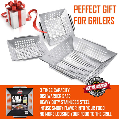 3 Pack Grill Baskets for Outdoor Grill, Heavy Duty Stainless Steel Vegetable Grill Basket, Grilling Basket for Veggies, Grilling Accessories for All Grills & Smokers - Grilling Gifts for Men