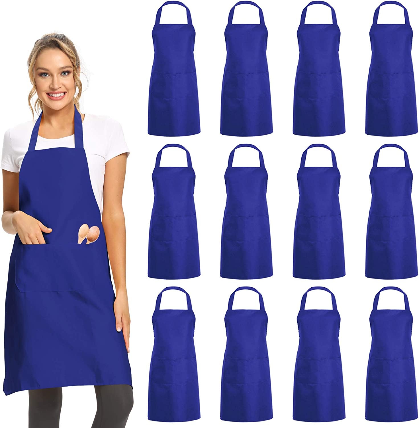 12 Pack Plain Bib Aprons with 2 Pockets - Blue Unisex Commercial Apron Bulk for Kitchen Cooking Restaurant BBQ Painting Crafting